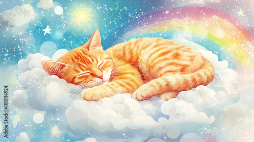 orange cat sleeping on the sky