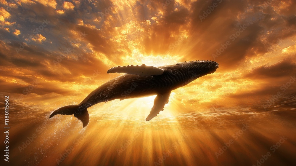 Naklejka premium A humpback whale jumping out of the water at sunset