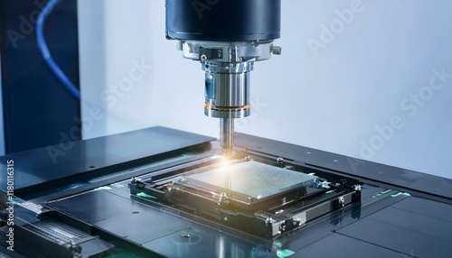 Precision robotic equipment assembles chips during the semiconductor packaging process, highlighting the transparent cover and glossy circuitry photo