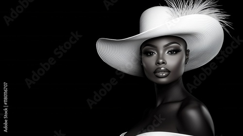 A black and white photo of a woman wearing a large hat