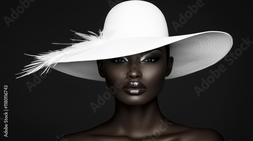 A woman wearing a white hat with feathers on it