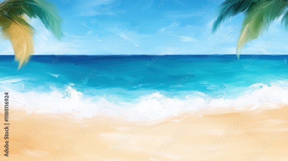 Obraz premium A painting of a beach scene with palm trees and the ocean