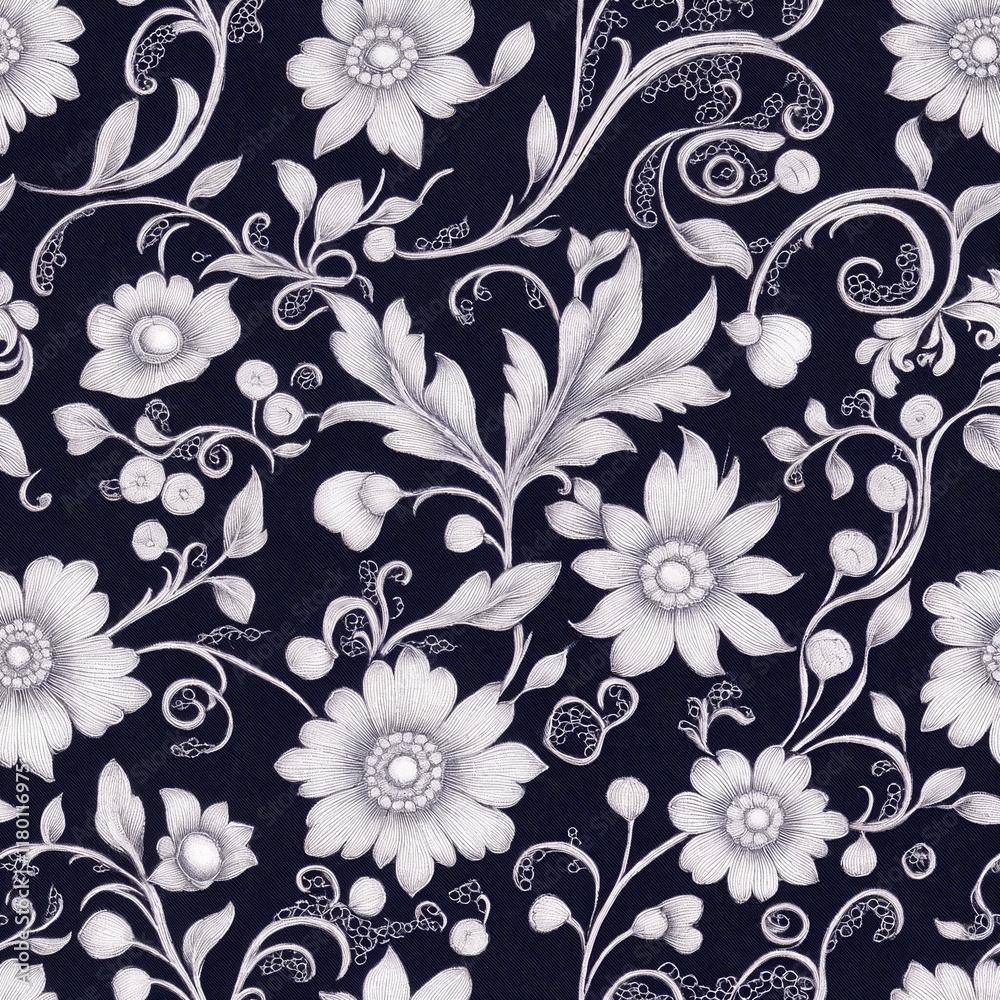 Classical White Floral Vine seamless Pattern in 18th Century Style on Dark Background Classical White Floral Vine seamless Pattern in 18th Century Style on Dark Background