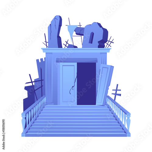 Sunken ancient city, stairway entrance to ruined building, vector stone ruins, abandoned destroyed old palace, open door