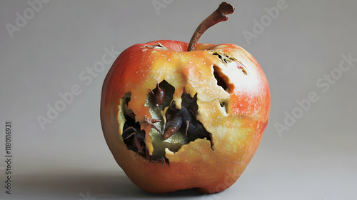 Decaying apple with visible worm infestation, emphasizing natural decomposition - photo