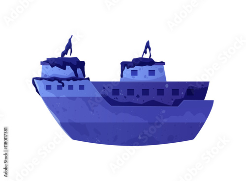 Wreck ship, sunken steamboat vessel, vector cartoon rusty damaged and abandoned marine liner, lost water transport