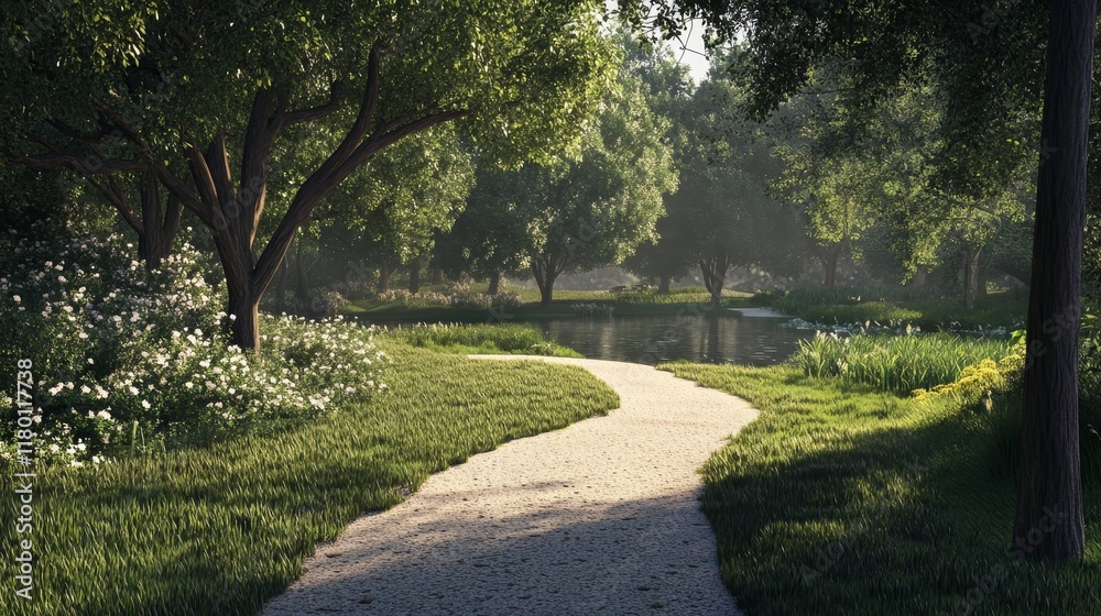 Fototapeta premium Gravel path winds through grassy park, passing by trees and a tranquil pond.