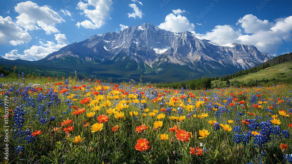 Fototapeta premium A vibrant photography of Mount Yamnuska framed by blooming wildflowers, with vivid colors in the foreground contrasting against the towering rocky peak under a sunny sky.