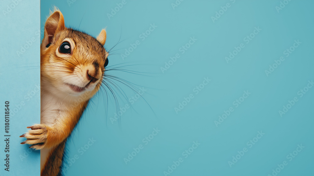 Obraz premium Surprised squirrel, sciurus, cautiously peeks around a corner, against a blue background, created with Generative AI technology. Copy space.