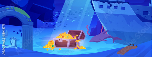 Sunken ancient city with treasure chest vector illustration, cartoon underwater sea ocean landscape wreck ship, ruins