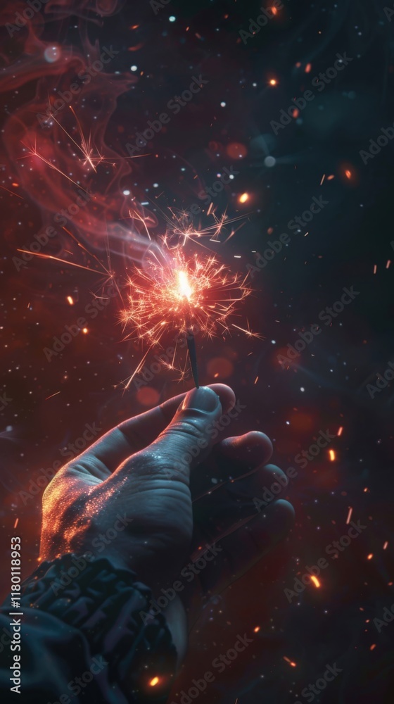 Hand Holding Sparkling Firework in the Dark Night, Generative AI Hand Holding Sparkling Firework in the Dark Night, Generative AI
