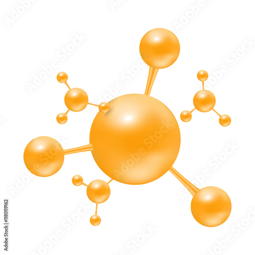 Atoms molecules orange glossy. Icon 3D isolated on white background. Minerals vitamins complex. Medical and science concept. Vector EPS10 illustration