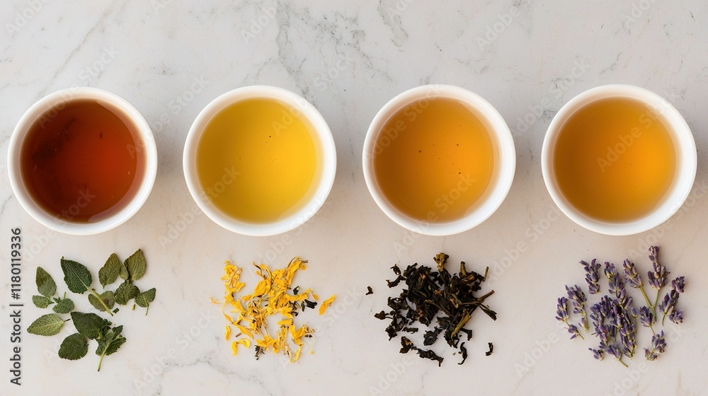 Four teacups aligned on a marble slab, featuring herbs and blossoms within them Four teacups aligned on a marble slab, featuring herbs and blossoms within them