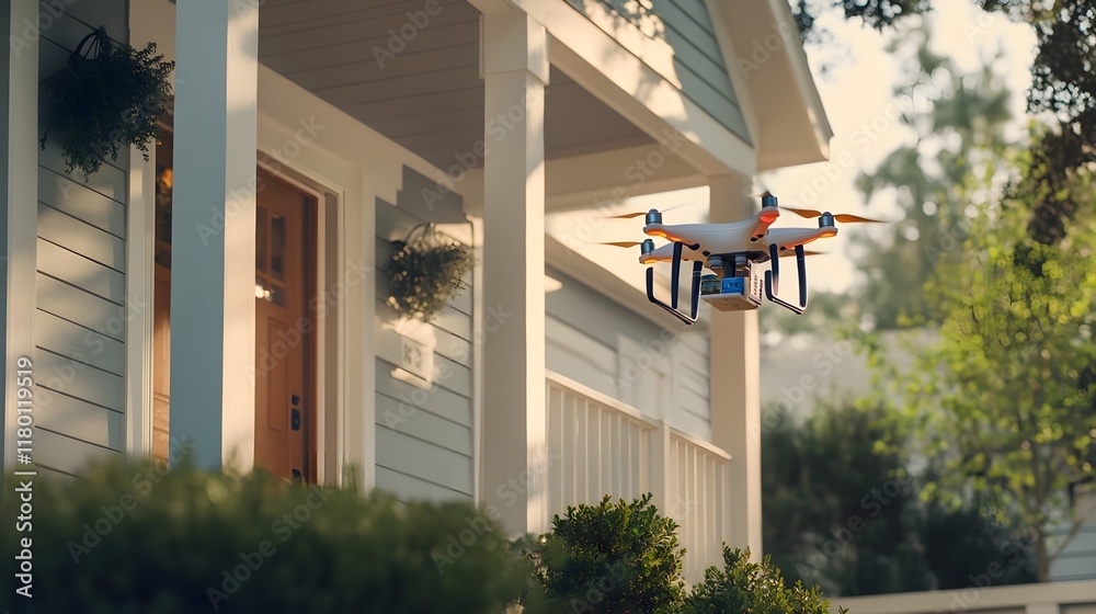 Obraz premium A photo of a drone delivering groceries to a smart home’s front porch.