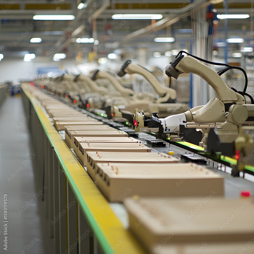 Naklejka premium A photo of a factory assembly line with robotic arms manufacturing products.