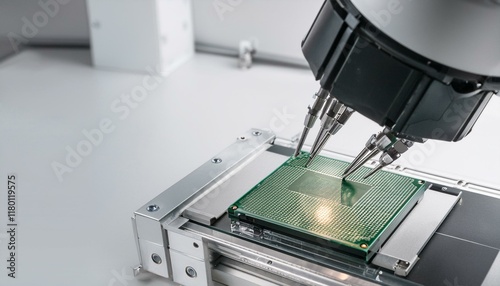 Precision robotic equipment assembles chips during the semiconductor packaging process, highlighting the transparent cover and glossy circuitry photo