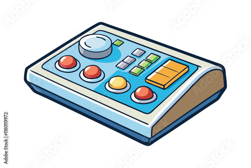 Colorful cartoon illustration of a modern control panel with buttons and sliders on a white background
