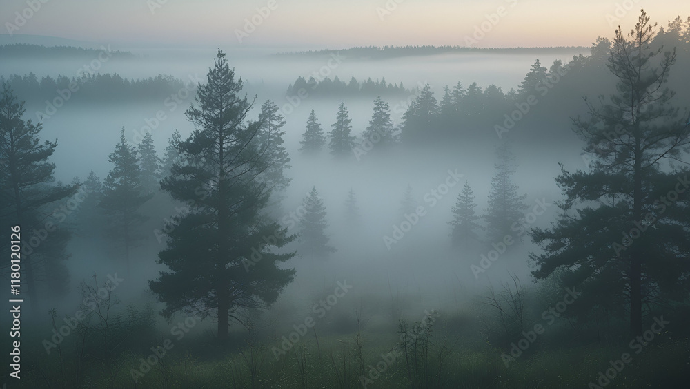 Mystical forest landscape shrouded in mist with towering pine trees and soft morning light Mystical forest landscape shrouded in mist with towering pine trees and soft morning light