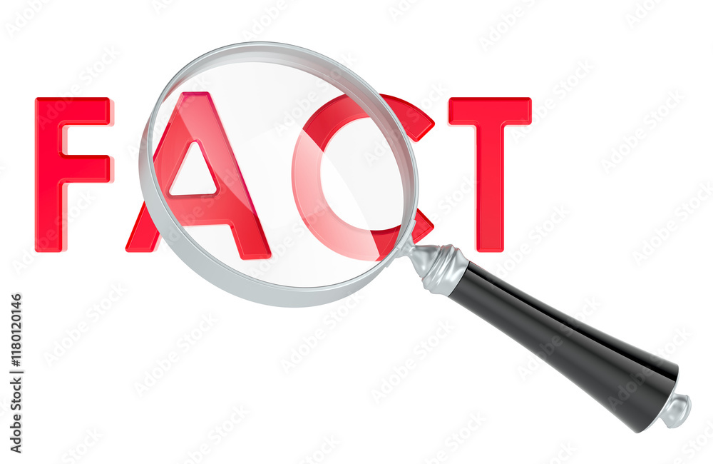 Fact with magnifying glass. 3D rendering isolated on transparent background Fact with magnifying glass. 3D rendering isolated on transparent background