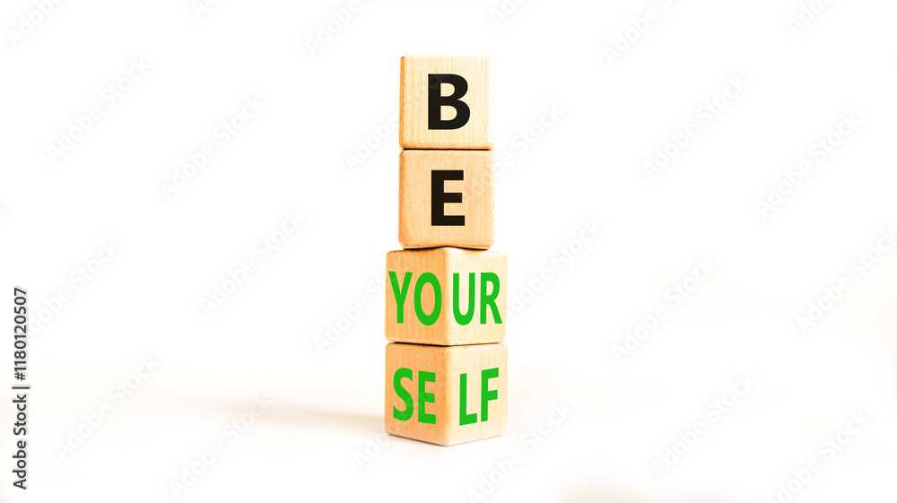 Motivational be yourself symbol. Concept words Be yourself on beautiful wooden block. Beautiful white table white background. Business motivational be yourself concept. Copy space. Motivational be yourself symbol. Concept words Be yourself on beautiful wooden block. Beautiful white table white background. Business motivational be yourself concept. Copy space.