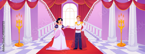 Vector of palace interior with a large ballroom, a prince and a princess, luxurious decor
