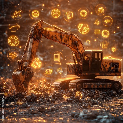 Excavator in a Robotic Scrapyard with Glowing Icons of Rusty Tools and Parts