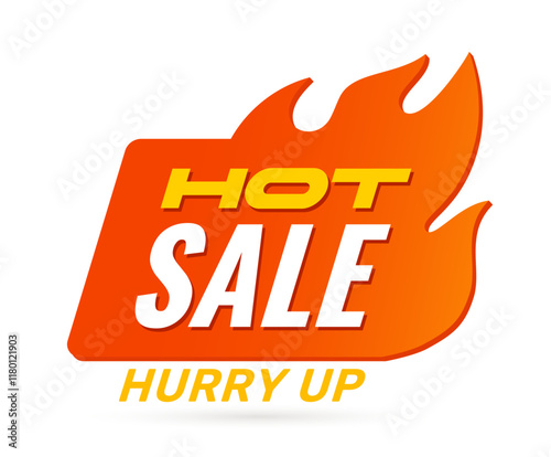 Hot sale banner featuring bold text in orange and yellow with a fiery flame design on a white background. Concept of urgency and promotional advertising. Vector illustration