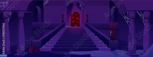Dark gloomy dungeon with evil spirits with red eyes.