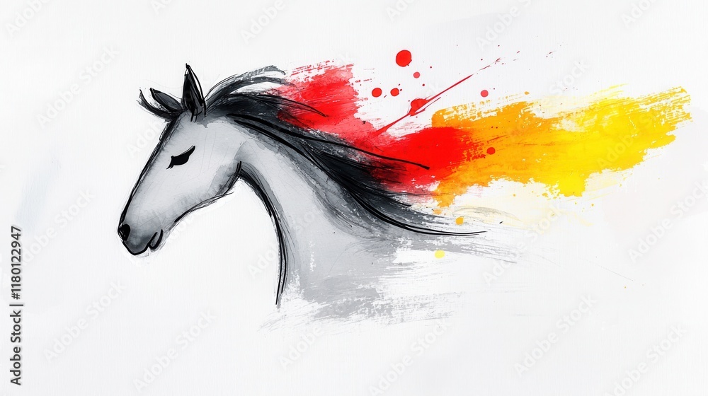 A drawing of a horse with a long mane on a white background