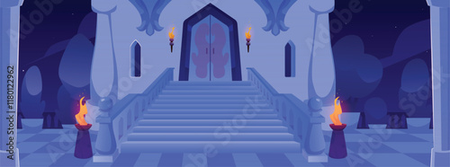 Cartoon palace entrance with pillars and burning torches at night, vector castle corridor staircase, medieval interior