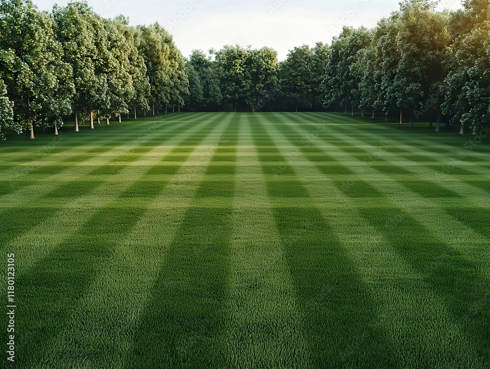Obraz premium well maintained green lawn with striped pattern surrounded by lush trees in park during daylight