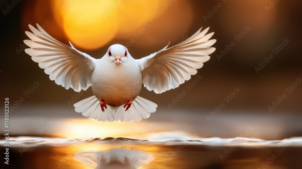 Fototapeta premium A white dove flying over a body of water