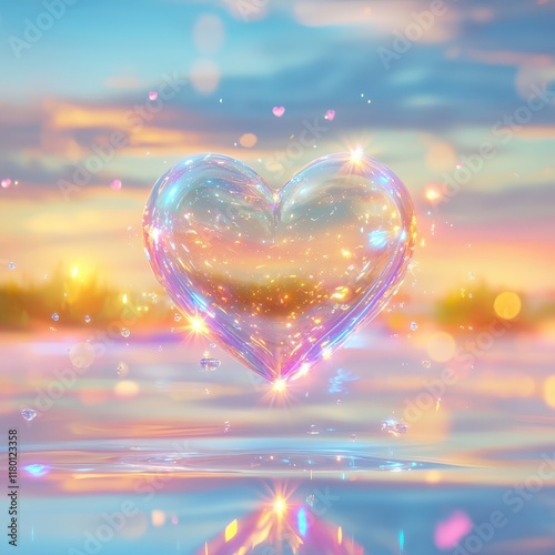 Glass heart, iridescent glow, serene sunset reflection