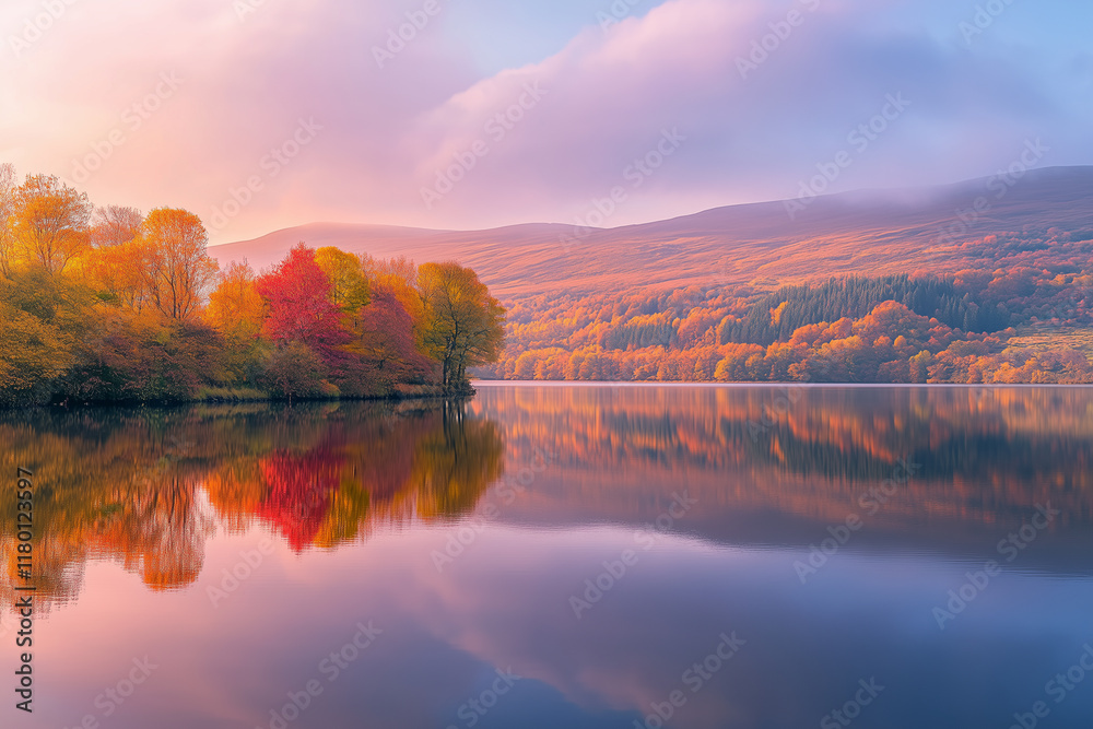 Naklejka premium Vibrant autumn colors reflect on a tranquil lake surrounded by rolling hills at dusk