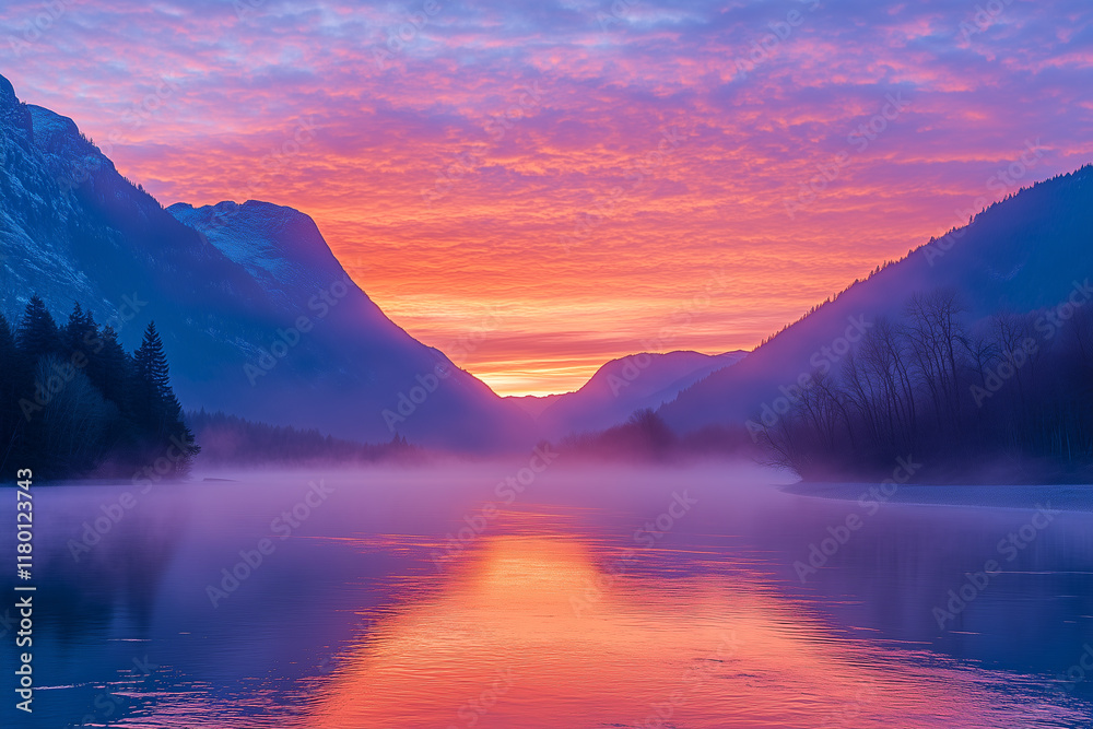 Fototapeta premium Vibrant sunrise casts colorful reflections over serene mountain valley with misty waters