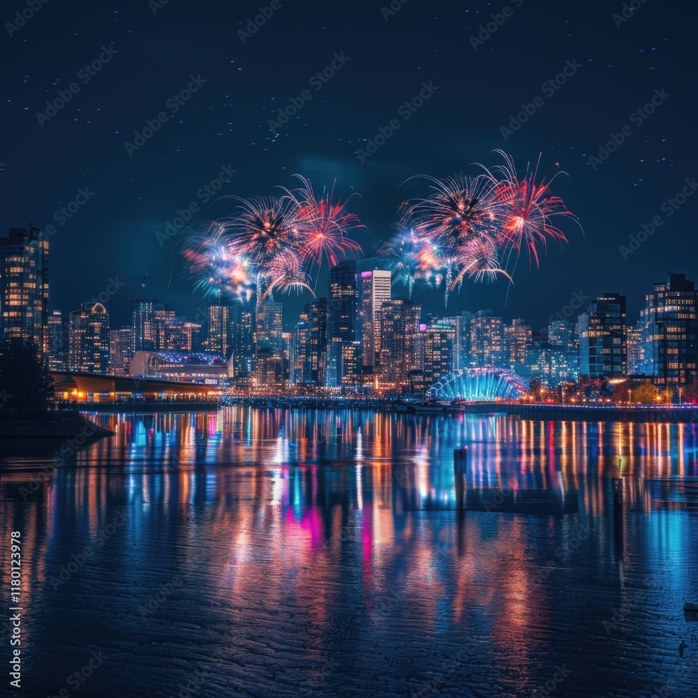 Obraz premium Vibrant Night Cityscape with Fireworks and Water Reflections, Generative AI