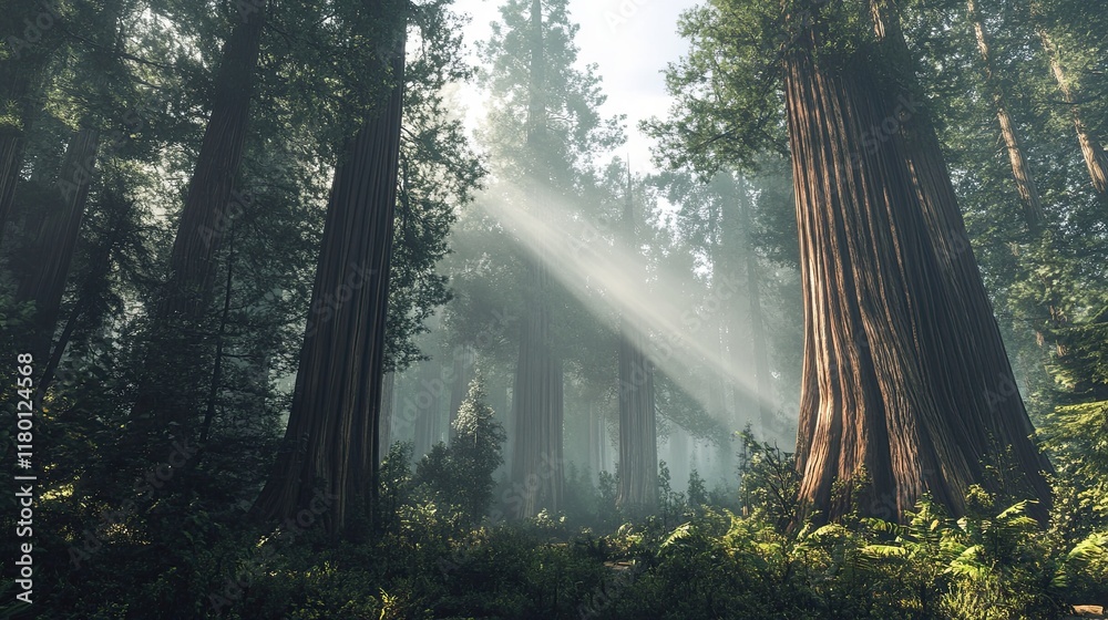 Obraz premium Tall redwood trees in a dense forest looking up at the canopy with sunlight filtering through