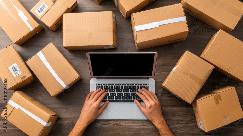 E-commerce packaging process home office digital workflow indoor aerial view business insight E-commerce packaging process home office digital workflow indoor aerial view business insight