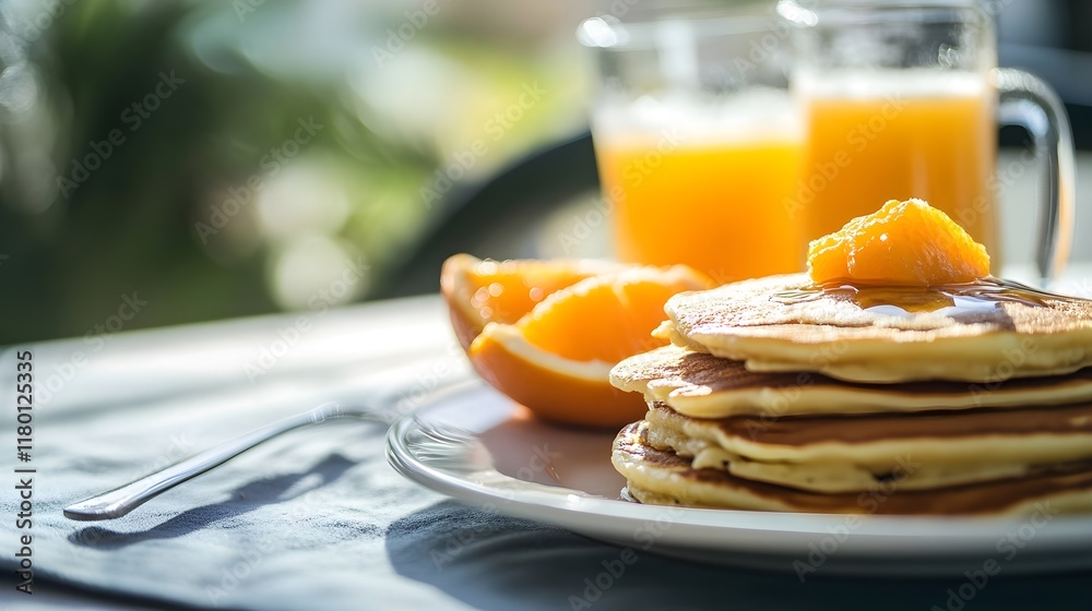 A photo of a family enjoying breakfast together with pancakes and orange juice. A photo of a family enjoying breakfast together with pancakes and orange juice.