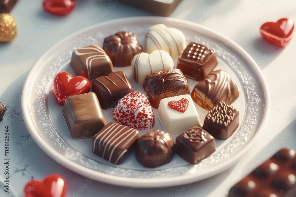 Valentine's day chocolate assortment party setting food platter romantic atmosphere close-up view sweet indulgence Valentine's day chocolate assortment party setting food platter romantic atmosphere close-up view sweet indulgence