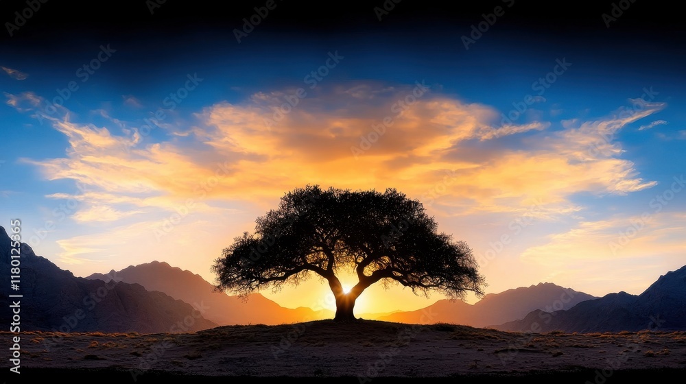 A lone tree in the middle of a desert at sunset A lone tree in the middle of a desert at sunset