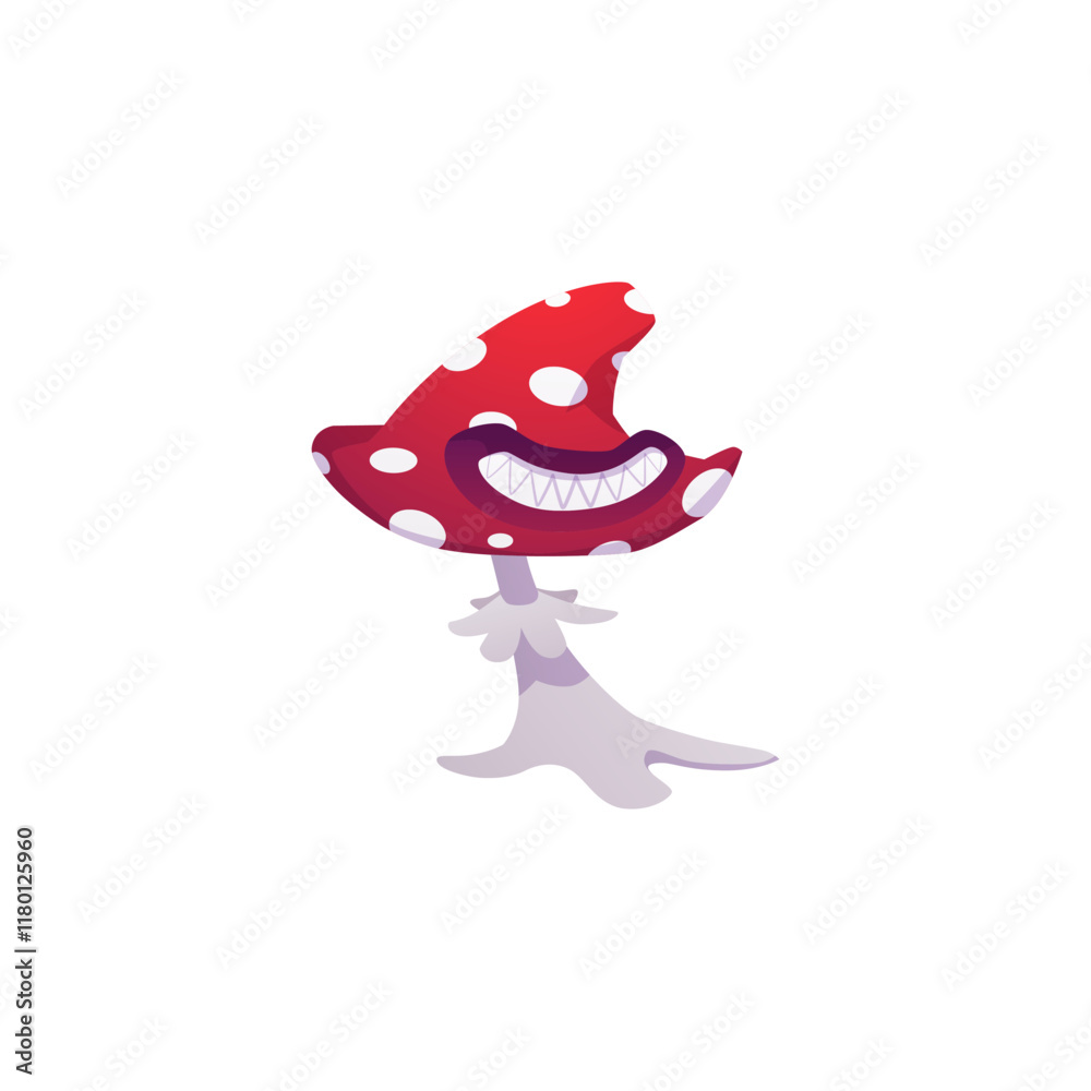 Fantasy carnivorous smiling fly agaric mushroom monster, vector cartoon magic dangerous poisonous toadstool predator Fantasy carnivorous smiling fly agaric mushroom monster, vector cartoon magic dangerous poisonous toadstool predator