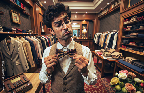 A humorous caricature of a confused gentleman in a tailor shop trying to choose the perfect bowtie for his elegant suit.