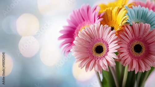 A bunch of colorful flowers in a vase on a table