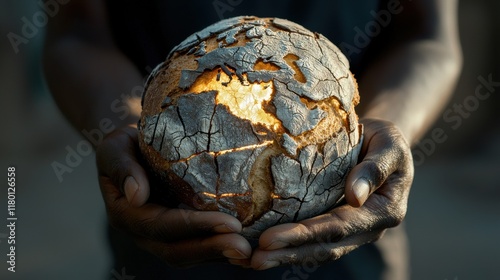 Raising awareness for world hunger global scene conceptual art urban environment close-up view bread globe representation