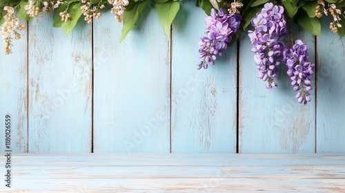 A bunch of purple flowers on a blue wooden background