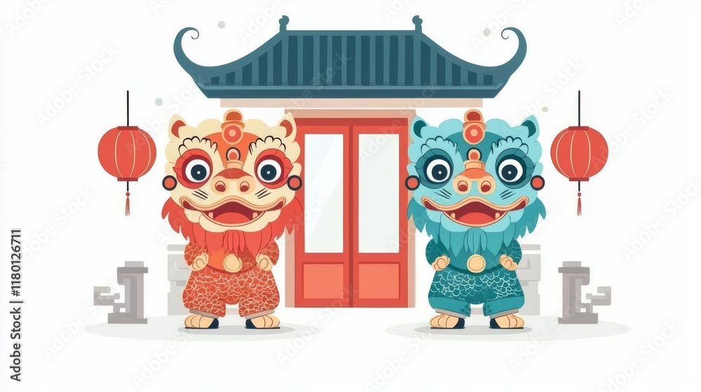 Naklejka premium Colorful lion dancers in front of a traditional temple.