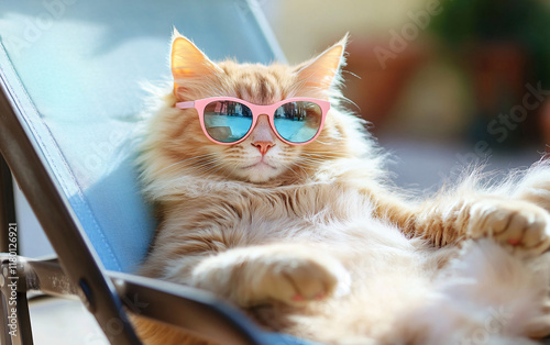 Fluffy Cat Relaxing on a Deck Chair Wearing Sunglasses, Enjoying a Sunny Summer Day, Perfect for Themes of Humor, Pets, and Outdoor Leisure photo