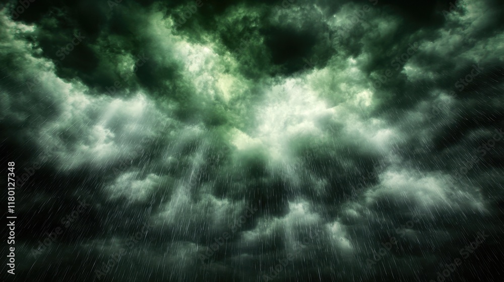 Obraz premium A dark green stormy sky with rain falling from the sky