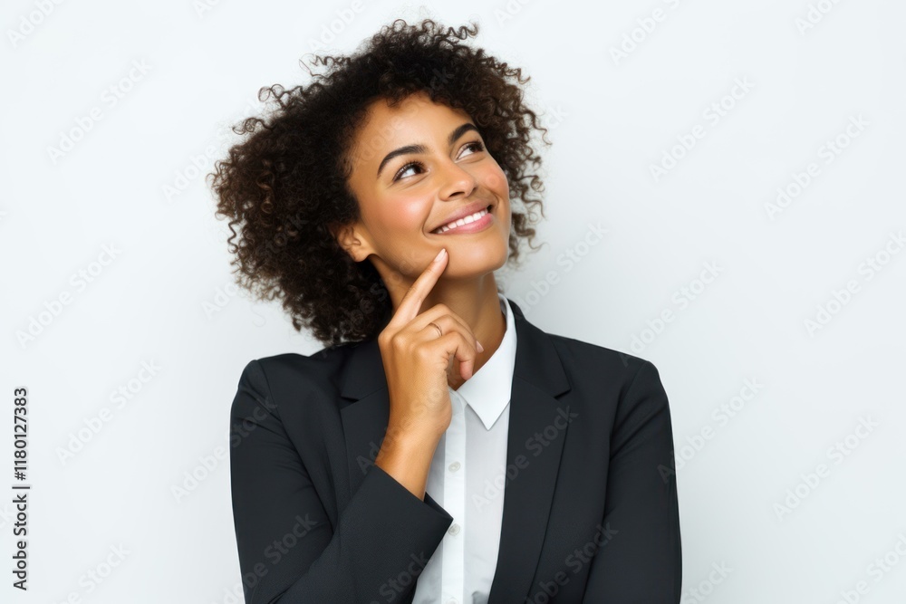 Young manager having a new idea and smiling, she's touching her chin Young manager having a new idea and smiling, she's touching her chin